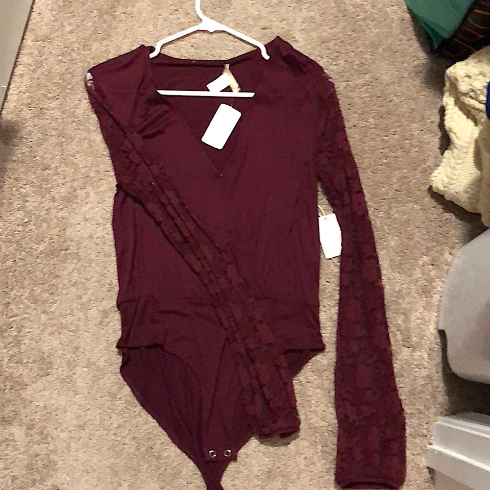 New with tags! Burgundy forever 21 bodysuit with lace long sleeves